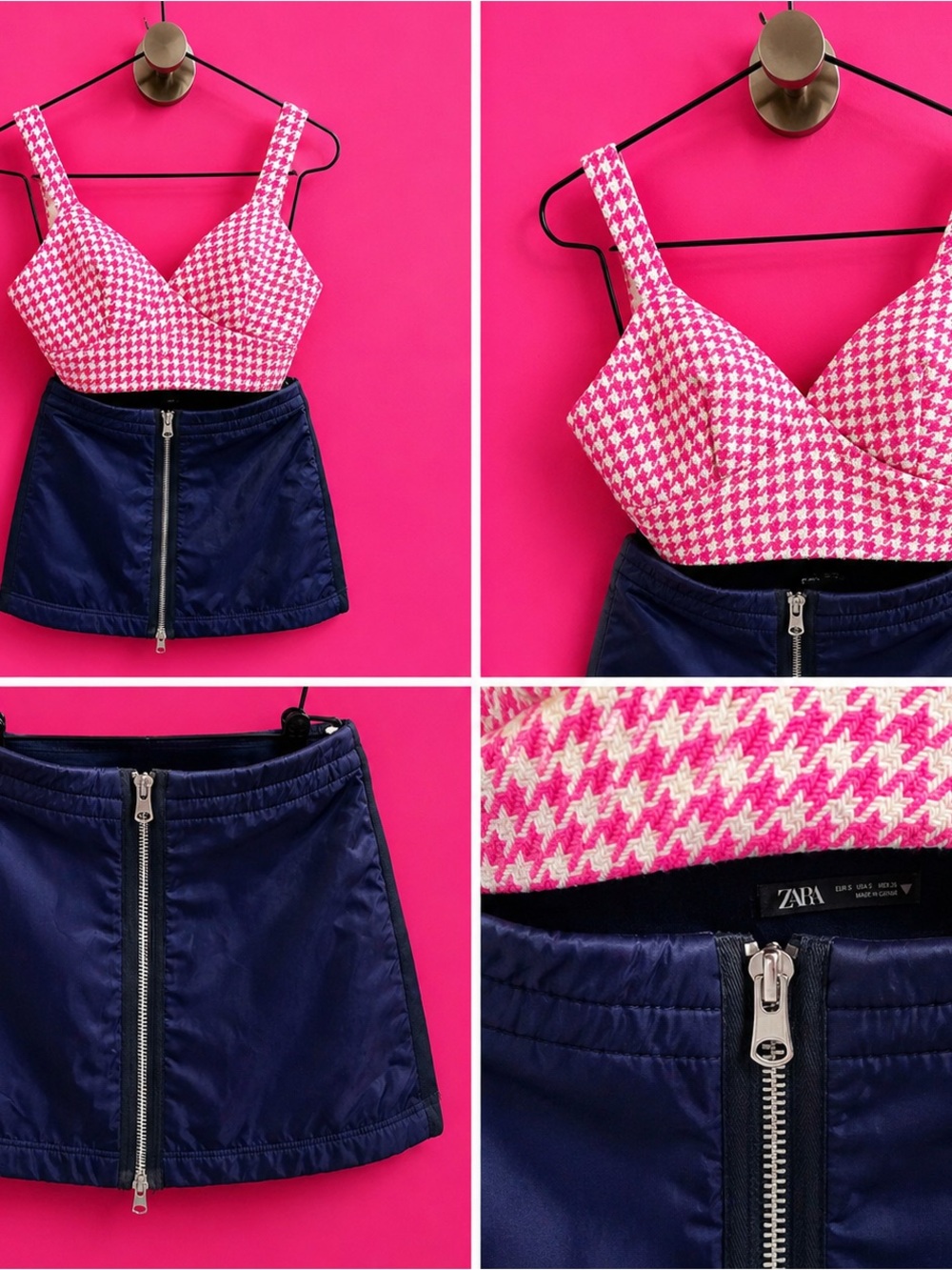Zara Pink & Navy Houndstooth Crop Top with Zip Front Mini Skirt